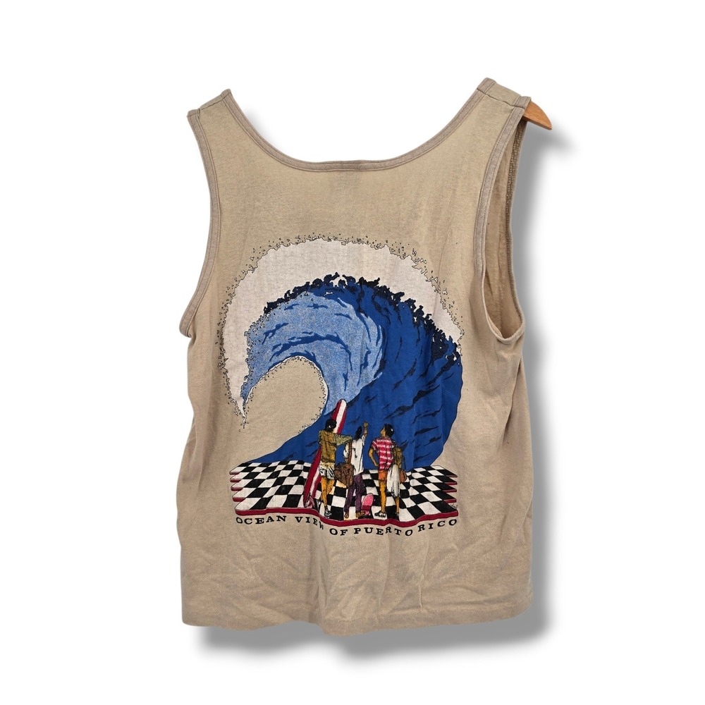 Vintage Ocean View Puerto Rico Graphic Tank Top Mens XL Tan Surfing Wave 50/50